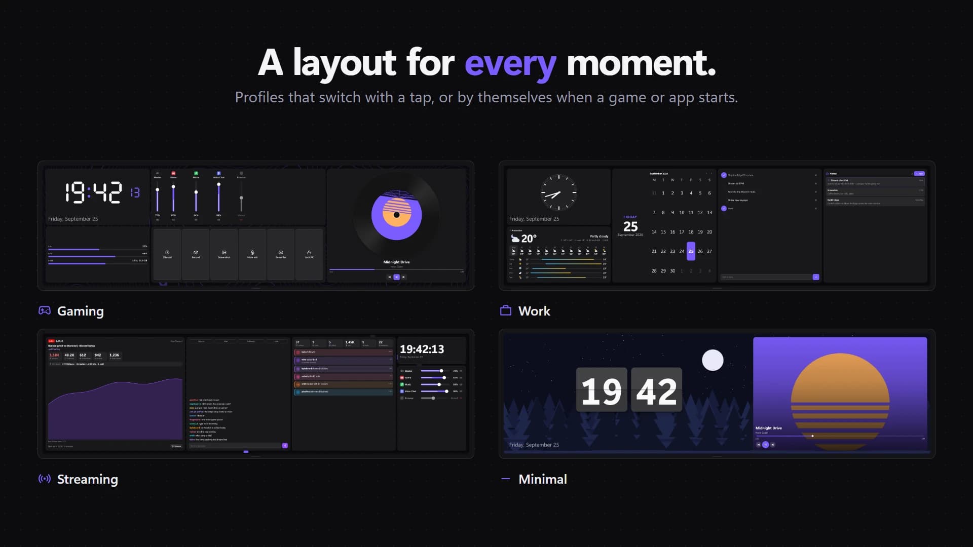 Four EdgeOS layouts on a XENEON EDGE: Gaming with a clock, volume sliders and Now Playing; Work with a clock, weather, calendar, tasks and notes; Streaming with Twitch stats, chat, alerts and a mixer; Minimal with a flip clock and a sunset Now Playing