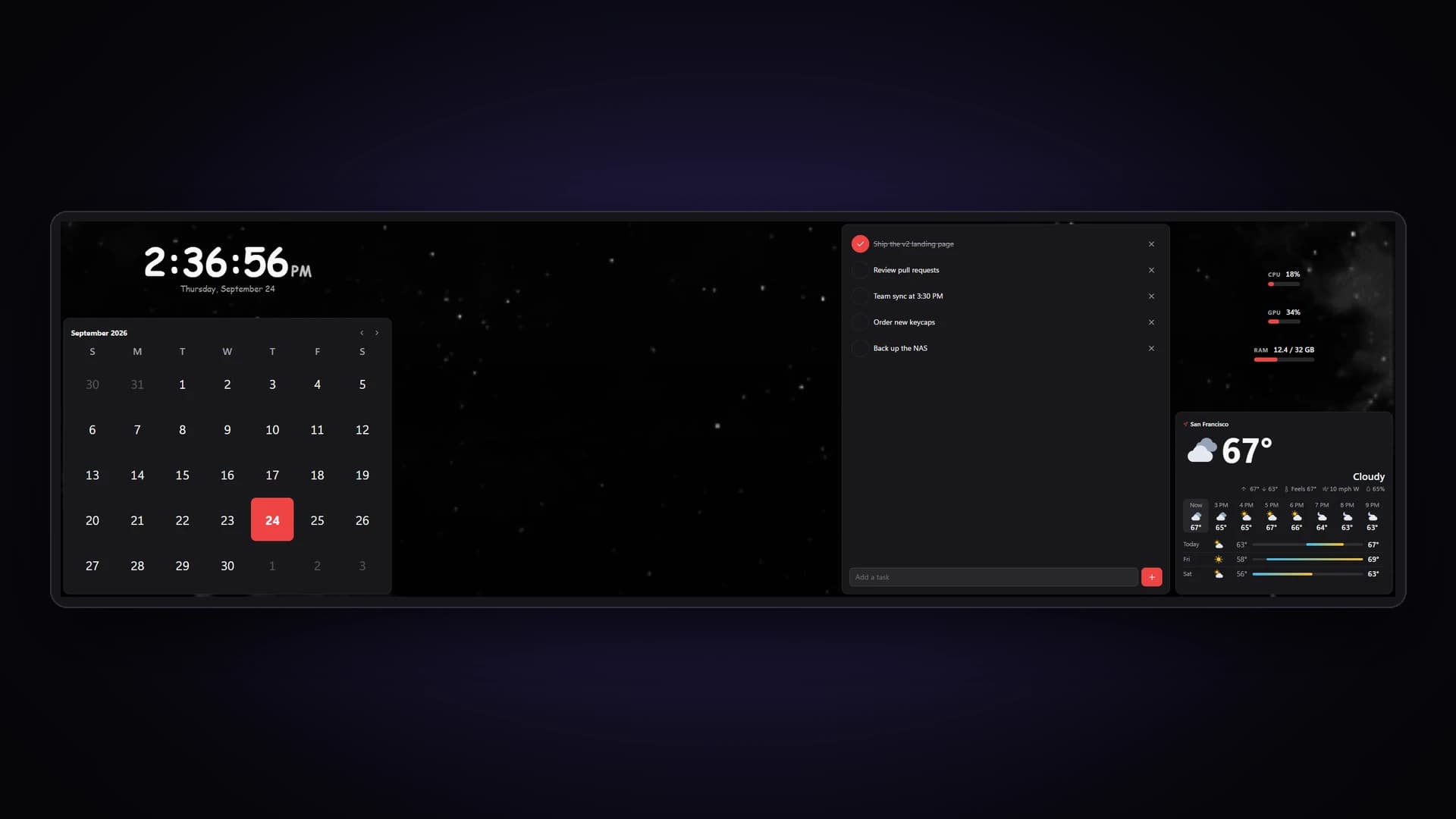EdgeOS on the XENEON EDGE: clock, calendar, tasks, system load and weather