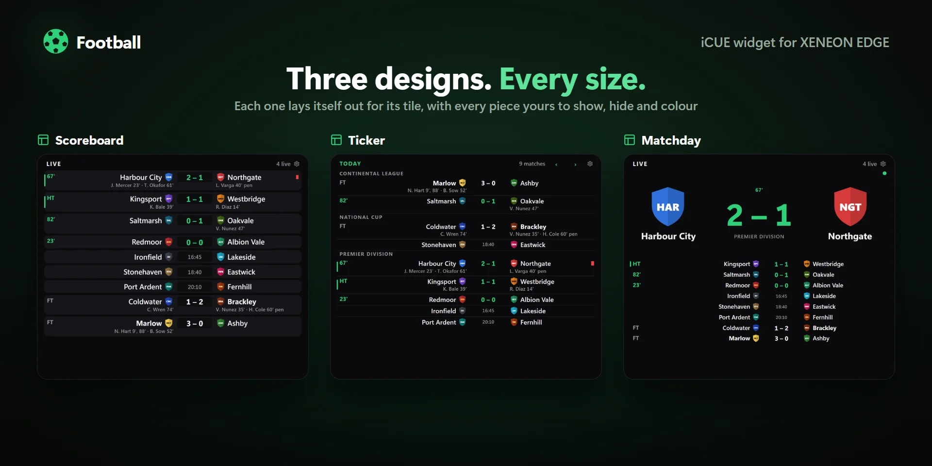 Three designs: Scoreboard, Ticker and Matchday