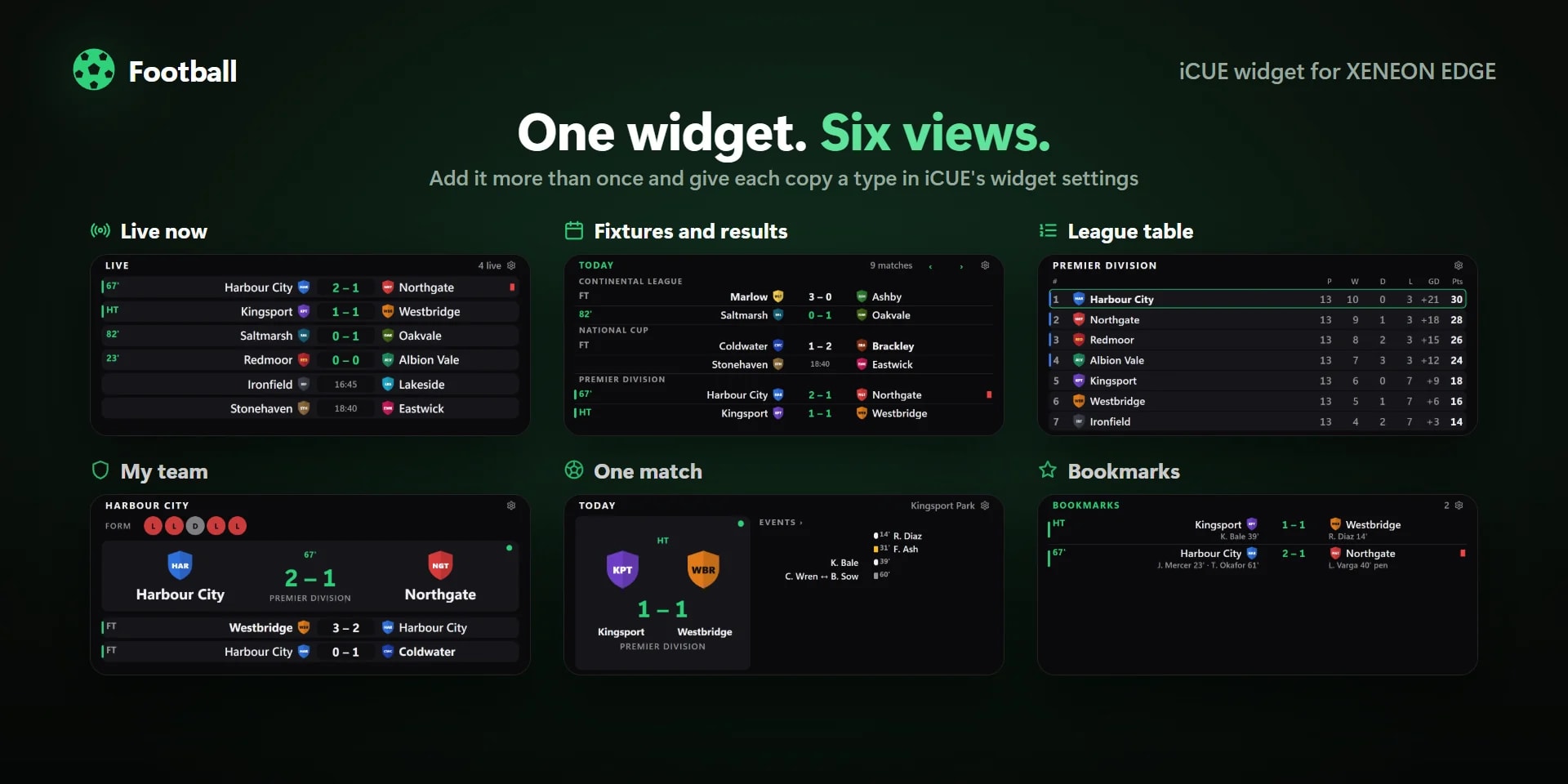 Six views: Live now, Fixtures, My team, League table, One match and Bookmarks