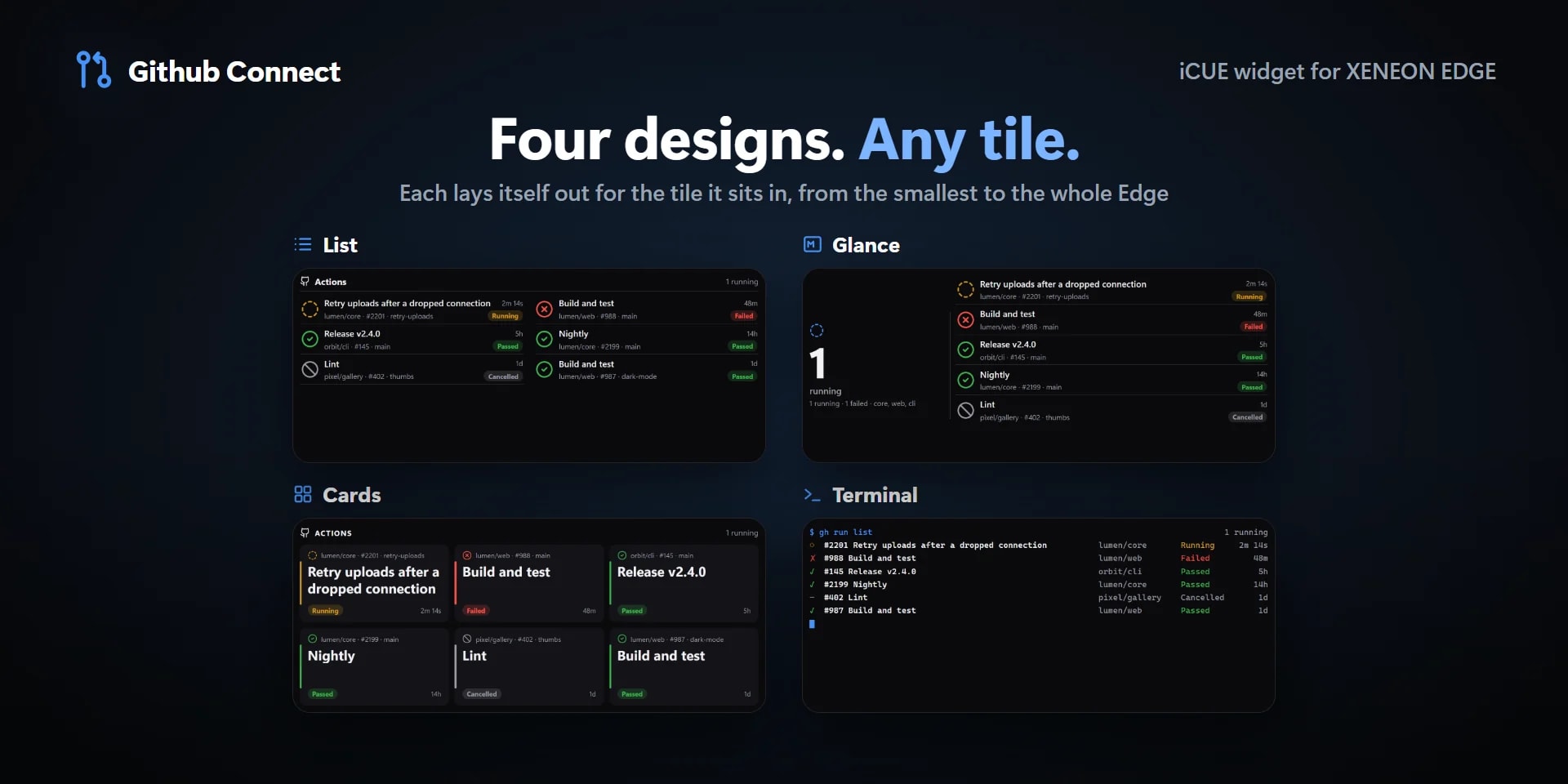 Four designs: List, Glance, Cards and Terminal