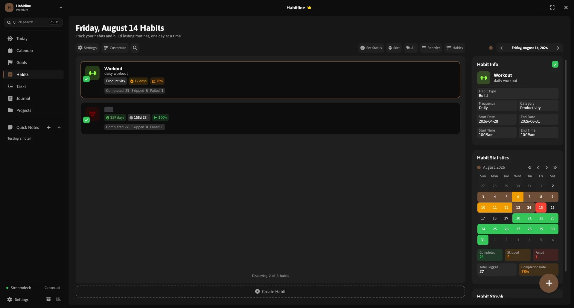 Habits with streaks, categories and custom icons