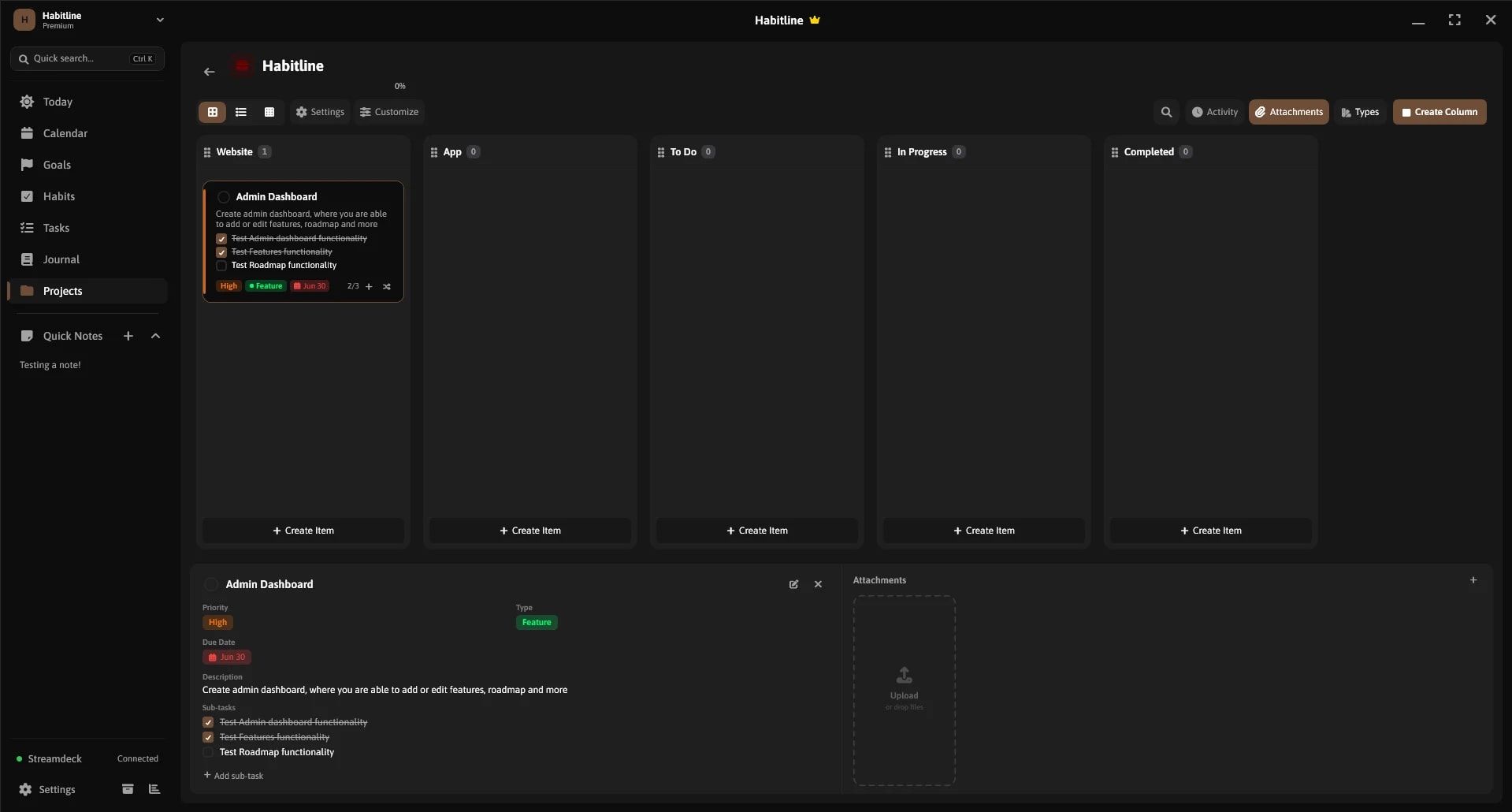 A project board with columns and cards