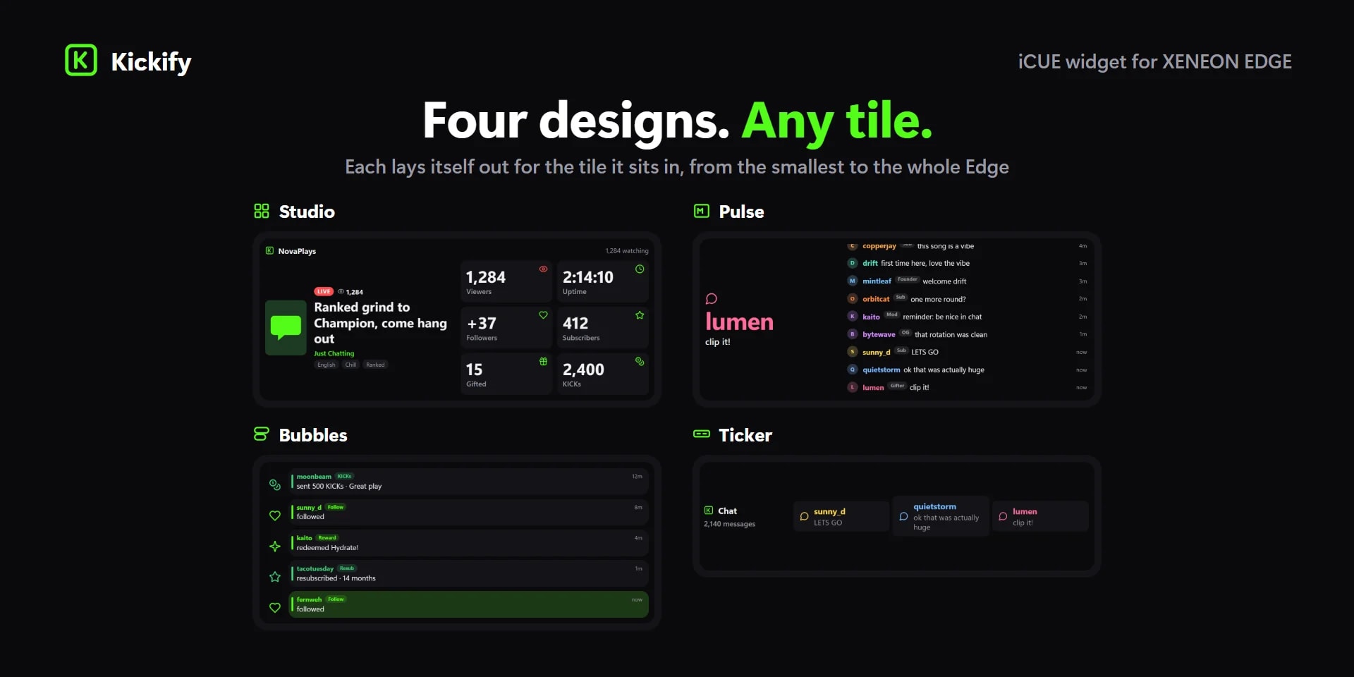 Four designs: Studio, Pulse, Bubbles and Ticker