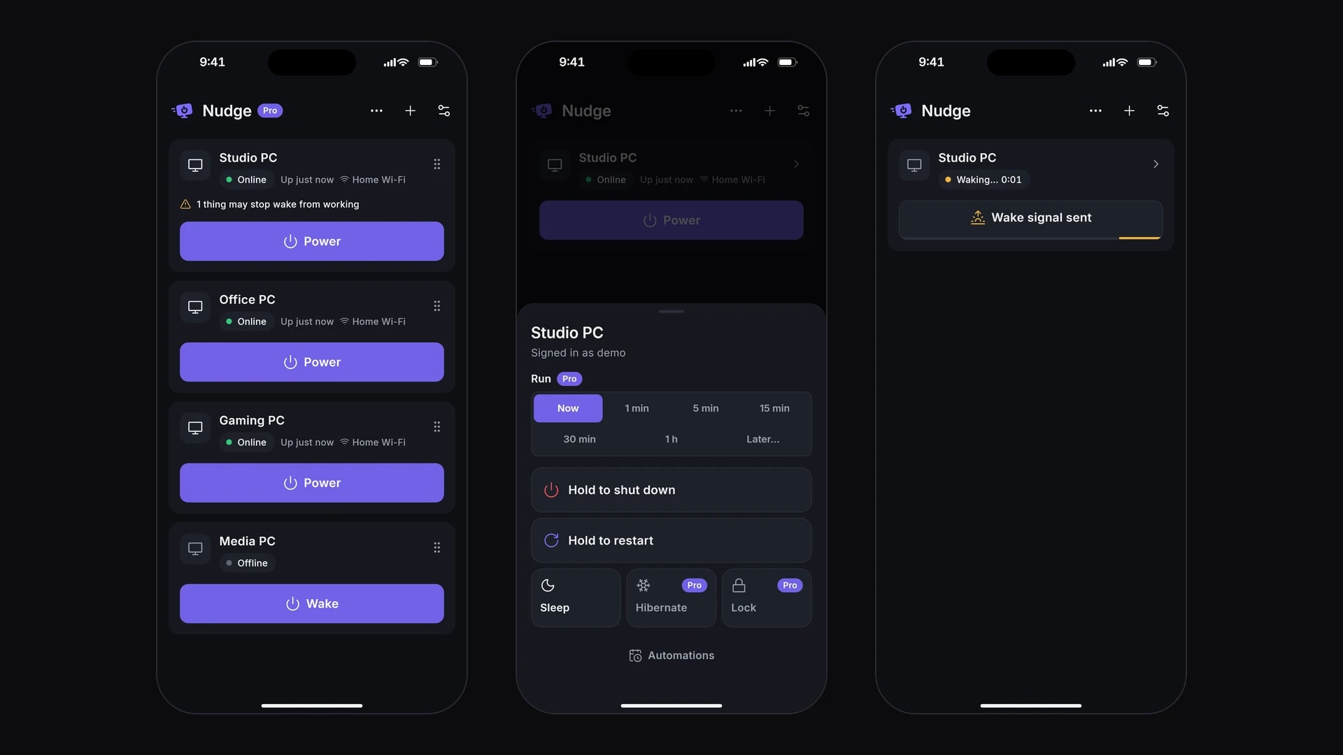 Nudge on iPhone: your PCs, a power sheet with a delay, and a PC waking up