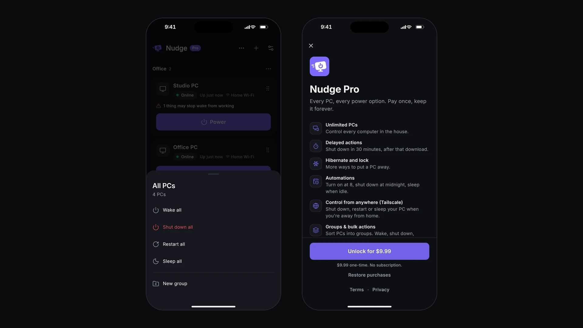Groups with all-PC actions, and Nudge Pro for $9.99 once