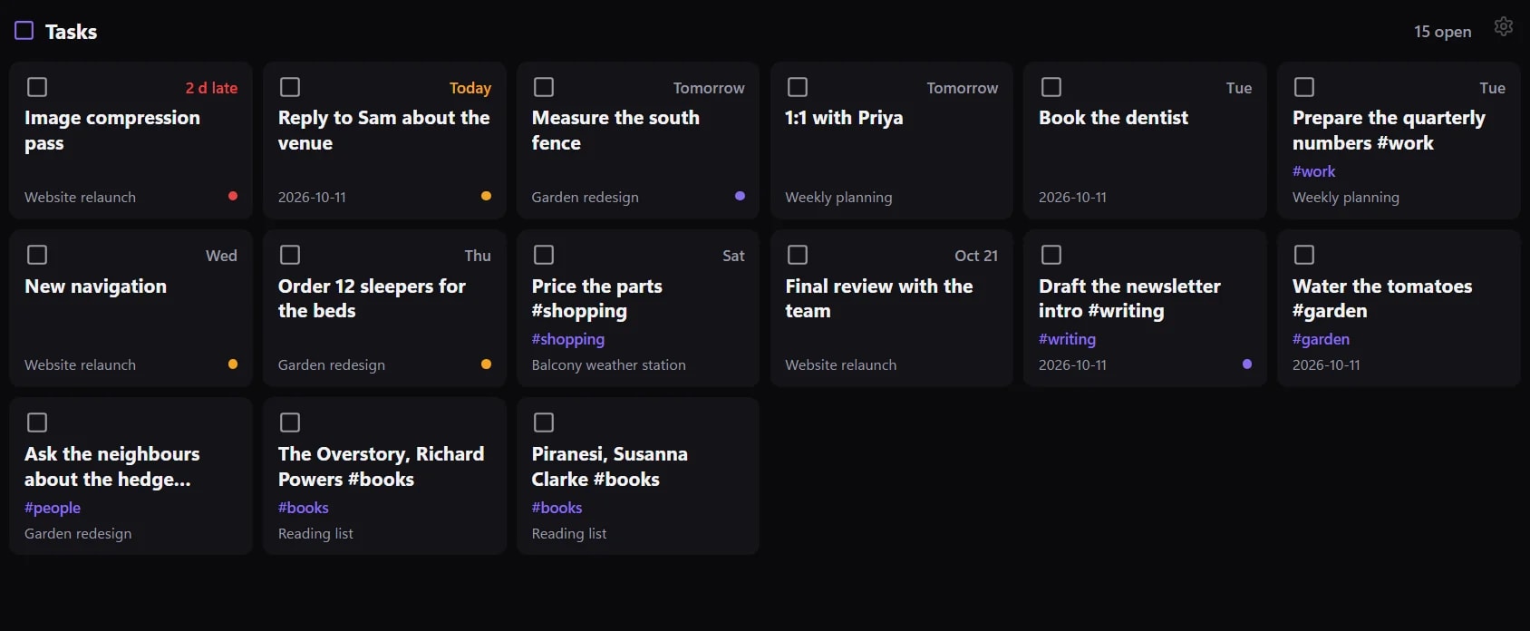 Open tasks as cards
