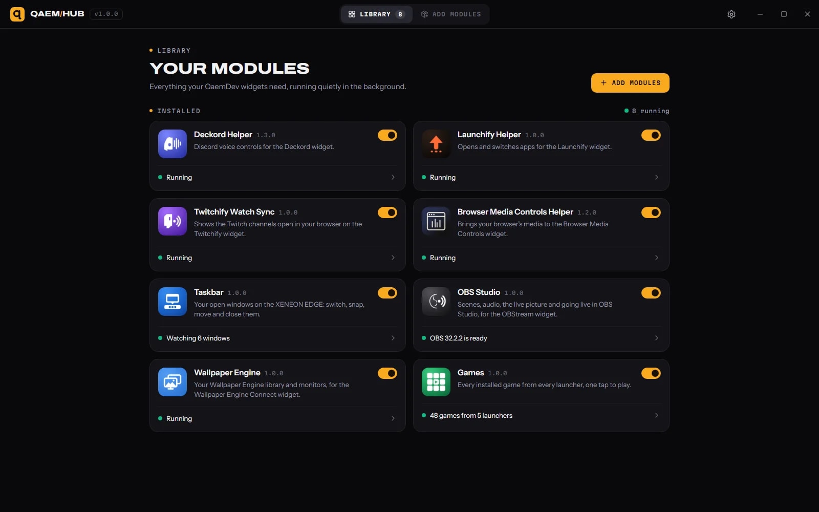 Qaem Hub's library: every helper and module running, from one app in the tray