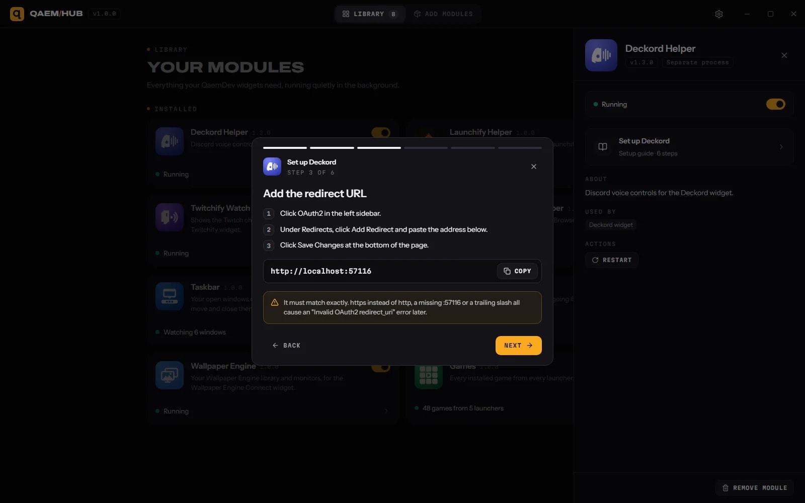 A step-by-step setup guide inside the app, here for Deckord