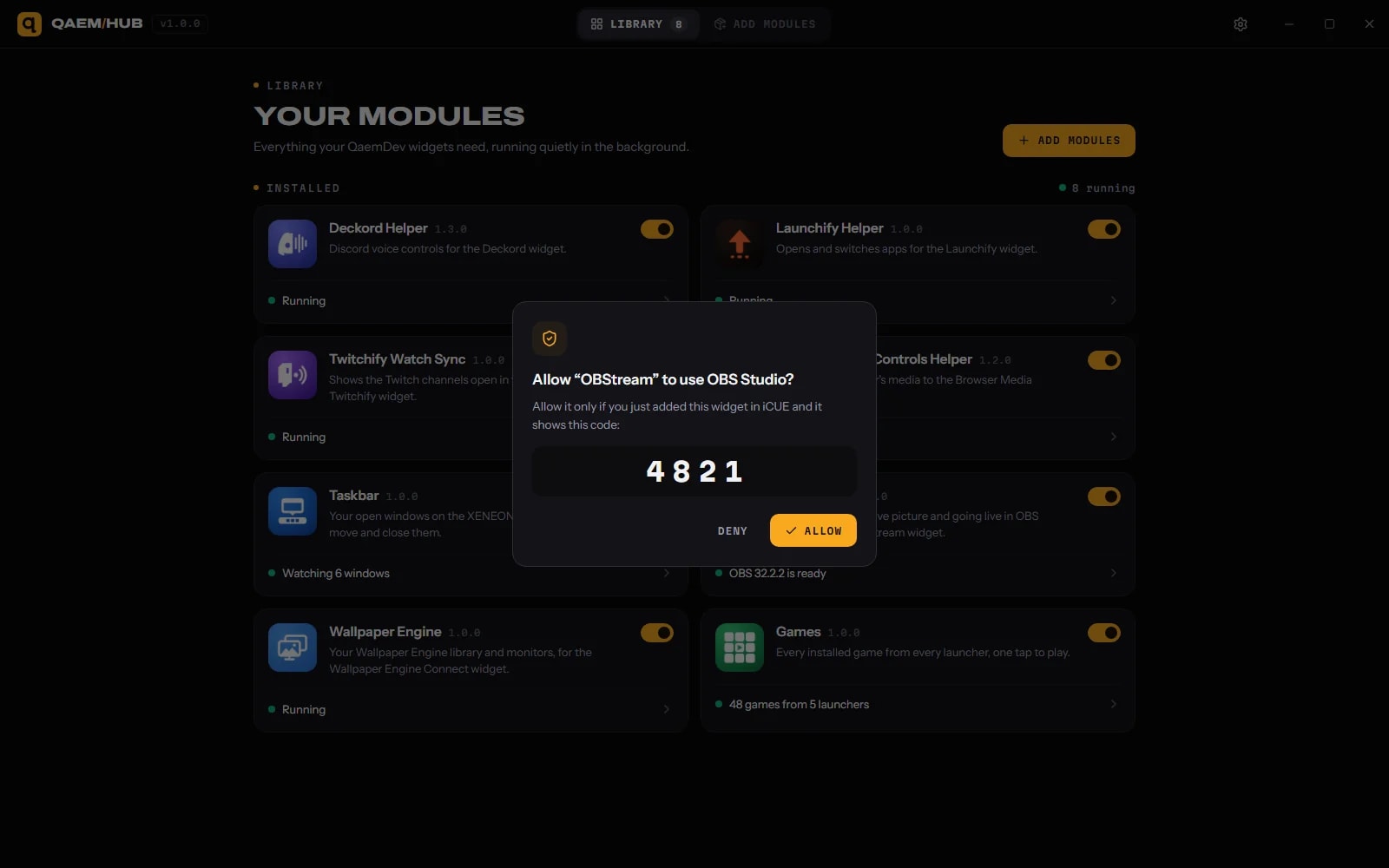 A widget asks once to use OBS Studio, with a code to compare