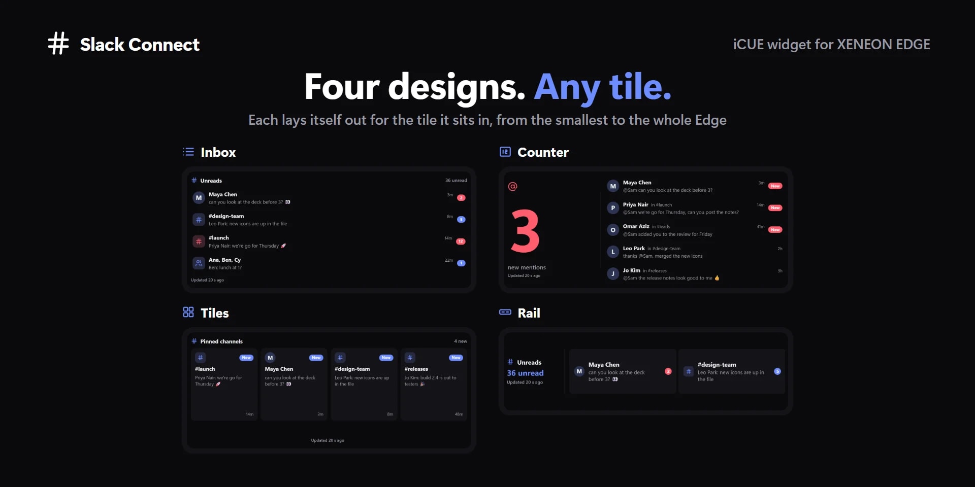 Four designs: Inbox, Counter, Tiles and Rail