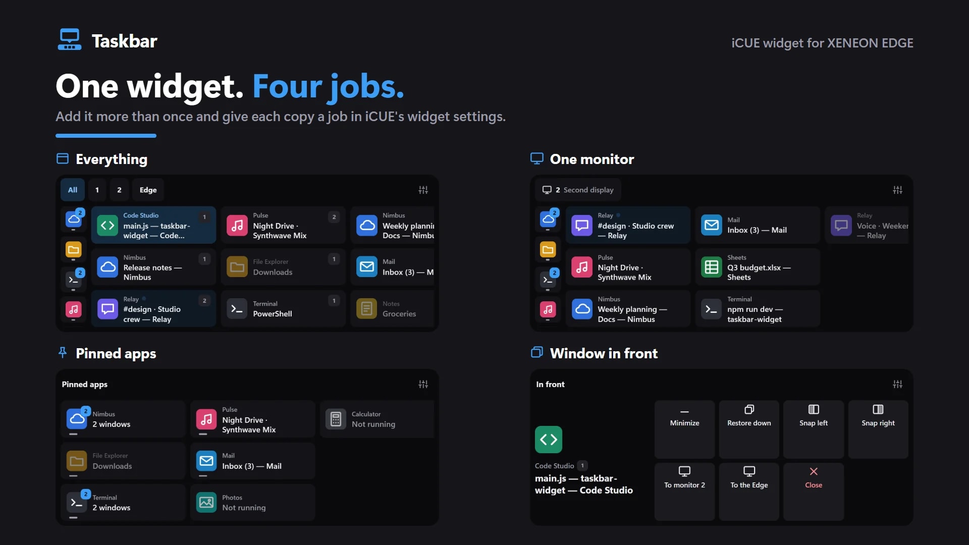 Taskbar's four widget types: Everything, One monitor, Pinned apps and Window in front