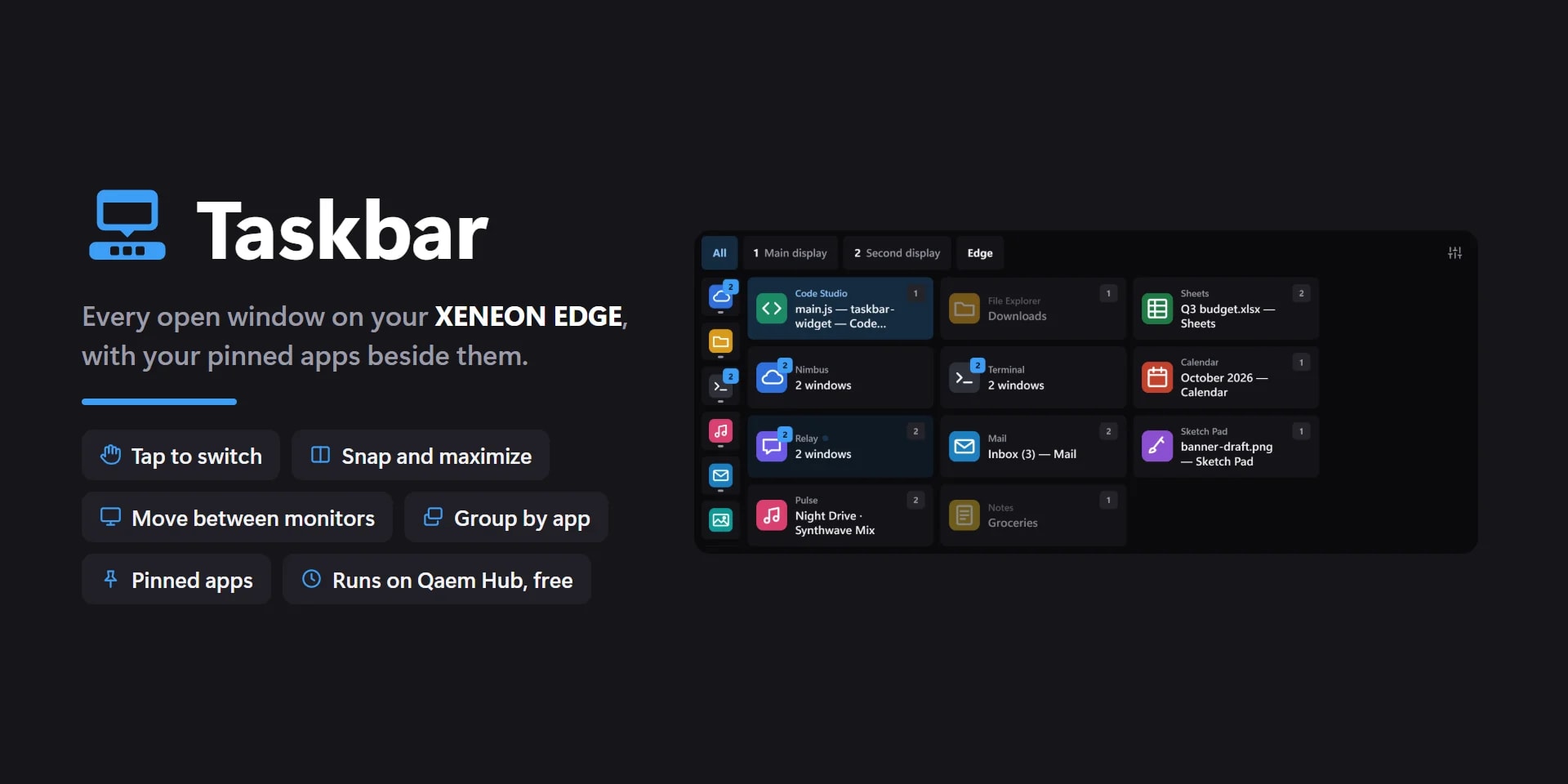 Taskbar with windows grouped by app, beside the pinned apps