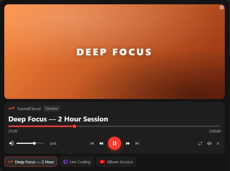 The Browser Media Controls widget on the XENEON EDGE: artwork, title, progress, volume, playback controls and media tabs