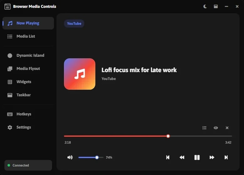 Browser Media Controls for Windows: Now Playing with artwork, progress, volume and playback controls