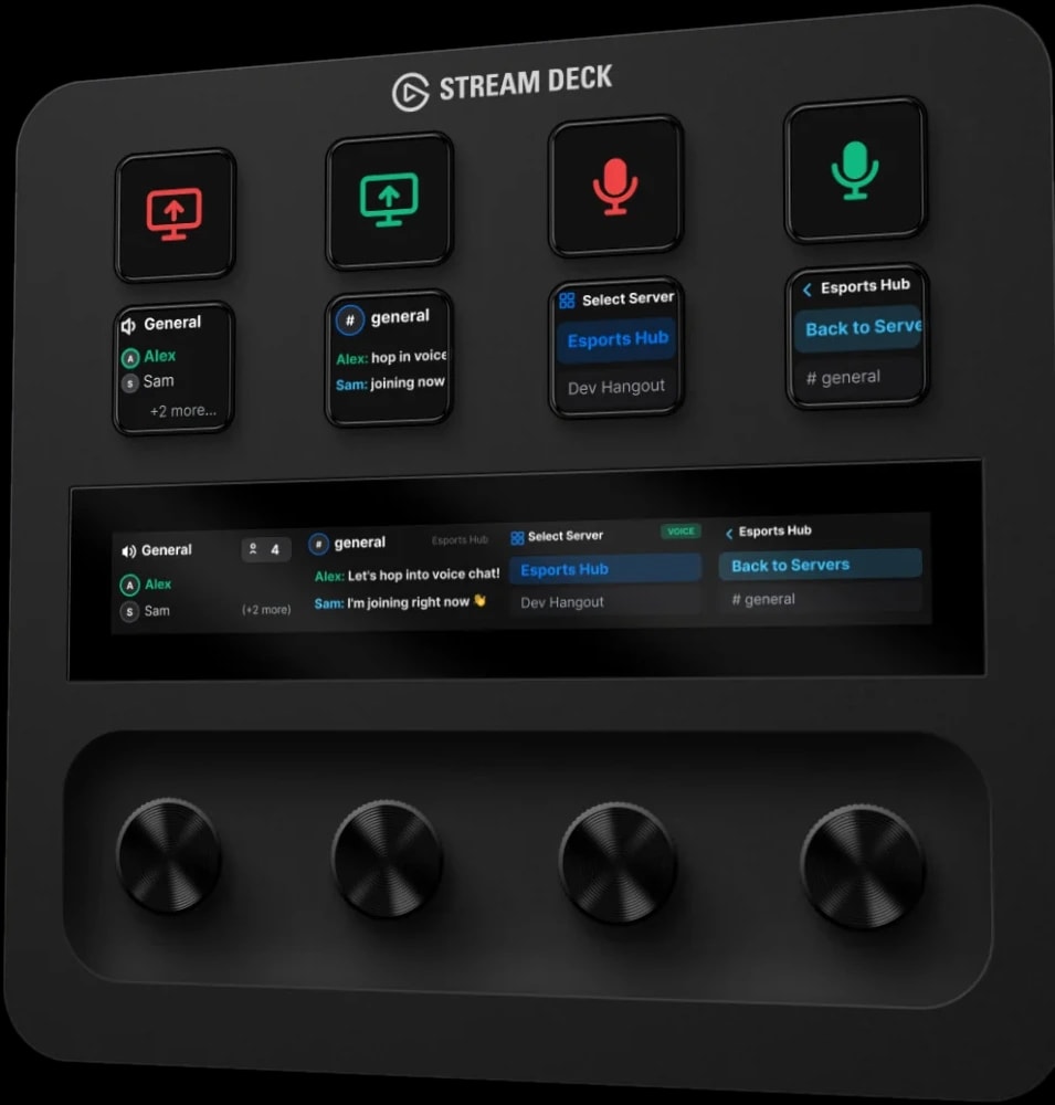 Deckord on a Stream Deck +: voice, chat and server keys, with the channel on the touch strip