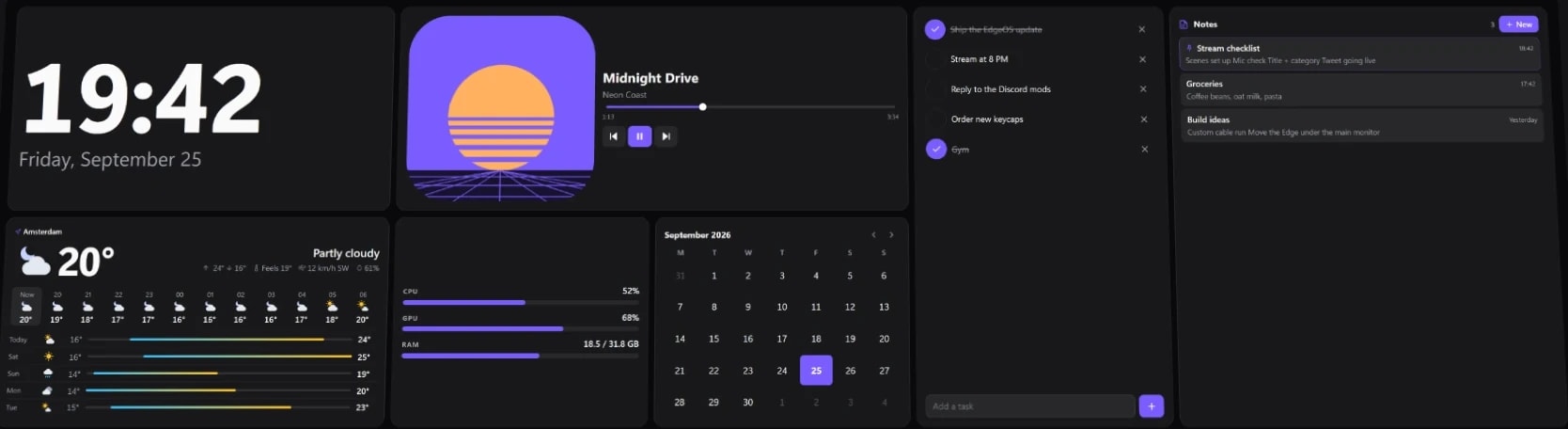 EdgeOS on a CORSAIR XENEON EDGE: clock, music, tasks, notes, weather, system load and calendar
