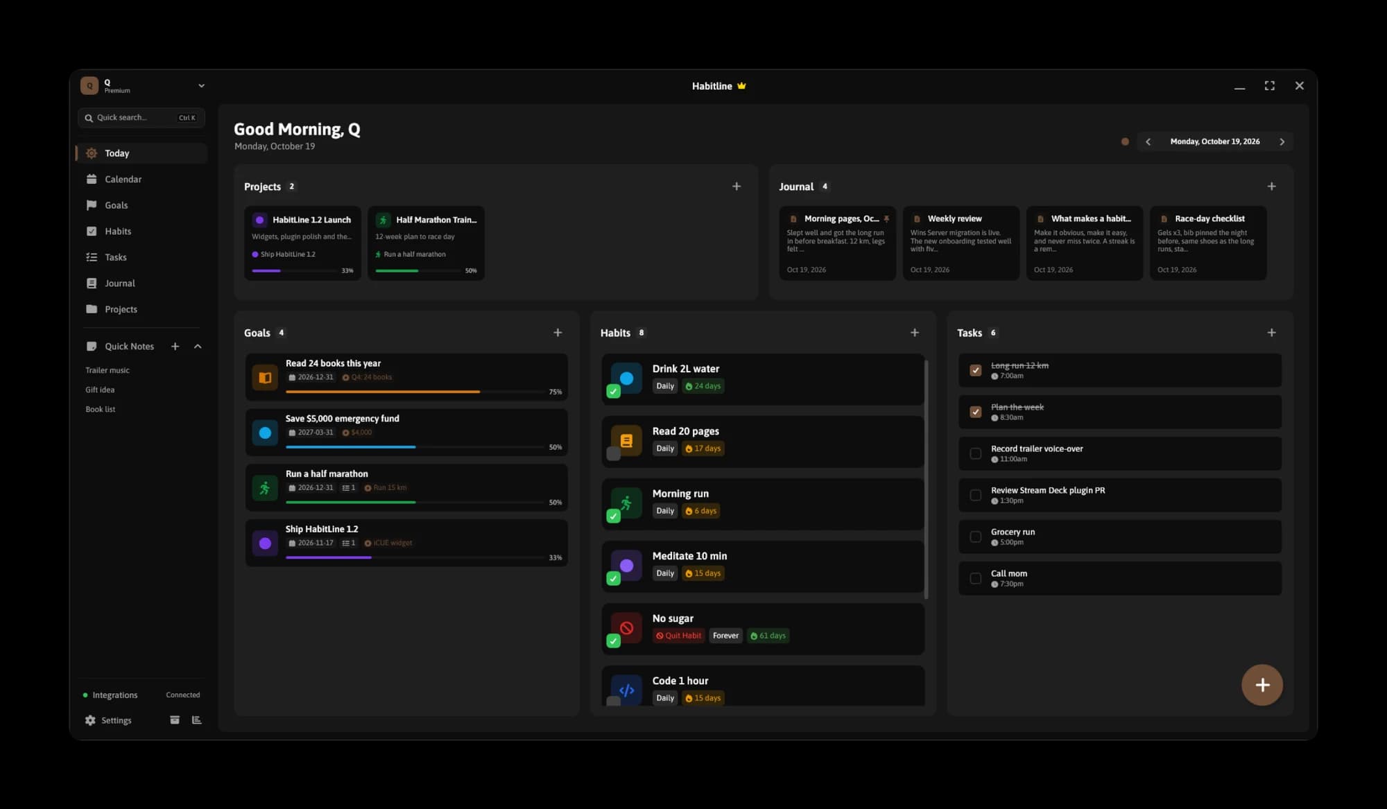 Habitline's Today view: projects, journal, goals, habits and tasks