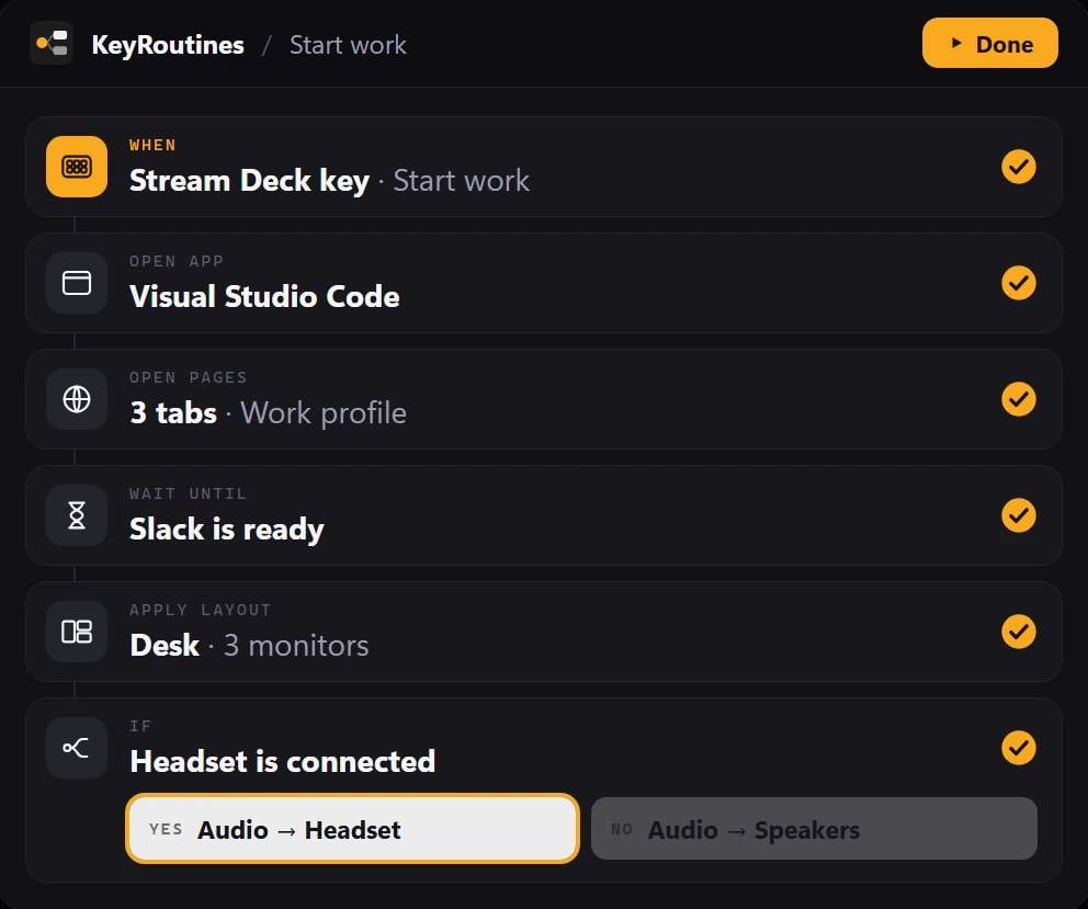 A KeyRoutines routine, Start work, run from a Stream Deck key: open VS Code, open pages, wait until Slack is ready, apply a desk layout, switch audio to the headset