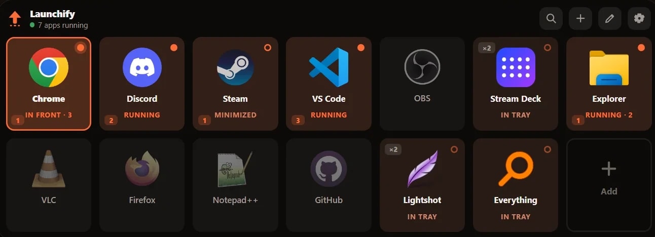 Launchify on the XENEON EDGE: app tiles showing which apps are running, minimized or in the tray