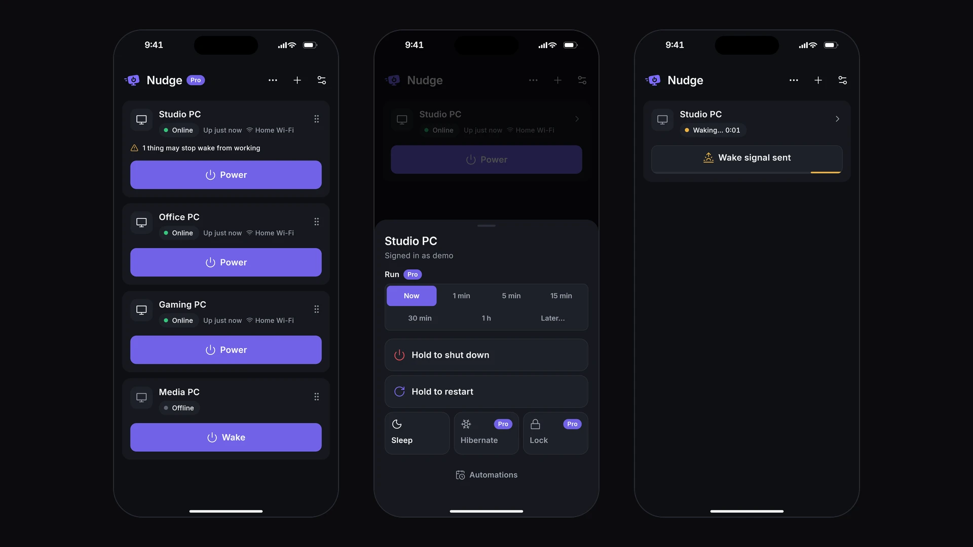 Nudge on iPhone: your PCs, a power sheet with a delay, and a PC waking up