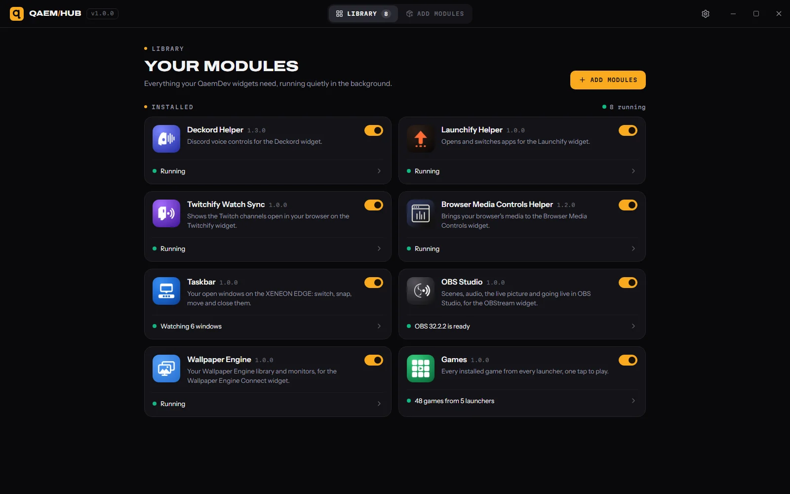 Qaem Hub's library: every helper and module running, from one app in the tray
